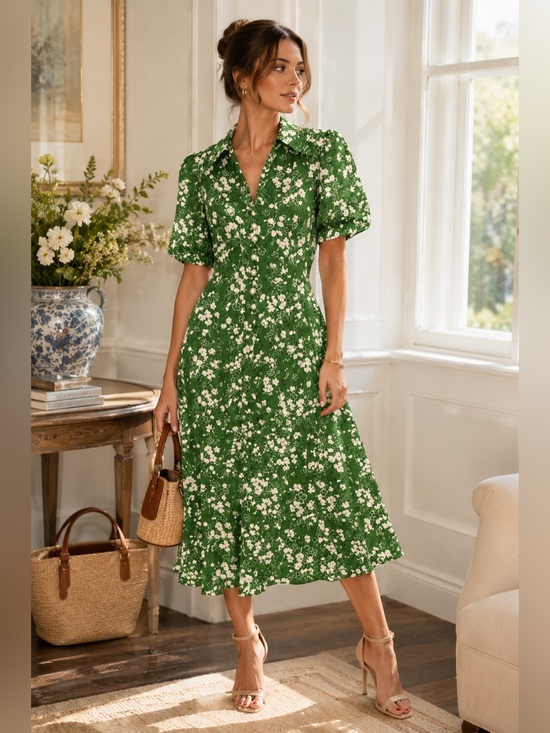 LK Bennett Dresses & Skirts - LK Bennett London Green Floral Pearl Button Midi Dress US 10